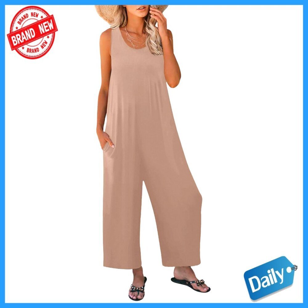 Summer Sleeveless Jumpsuit with Pockets, Loose Fit, Polyester Blend